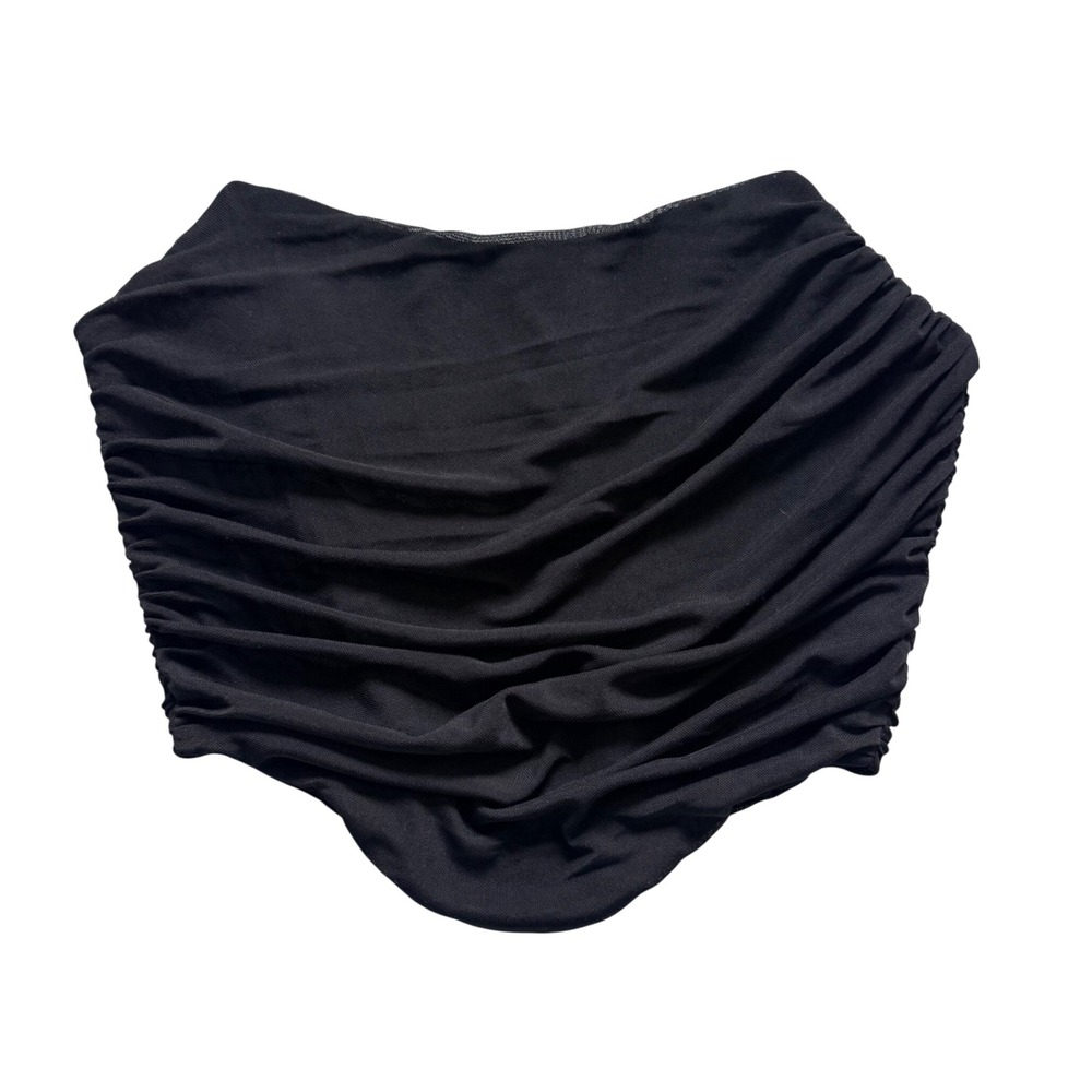 Black Ruched Mesh Corset Tube Top XS Zip Back Pointed Hem Boning Bodice Romantic